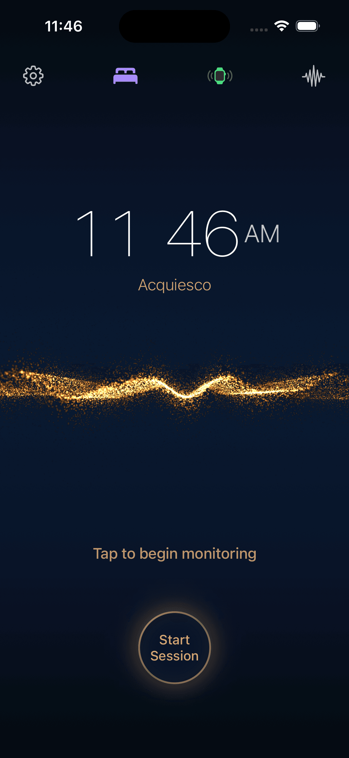 Acquiesco iPhone start screen ready to begin a session.