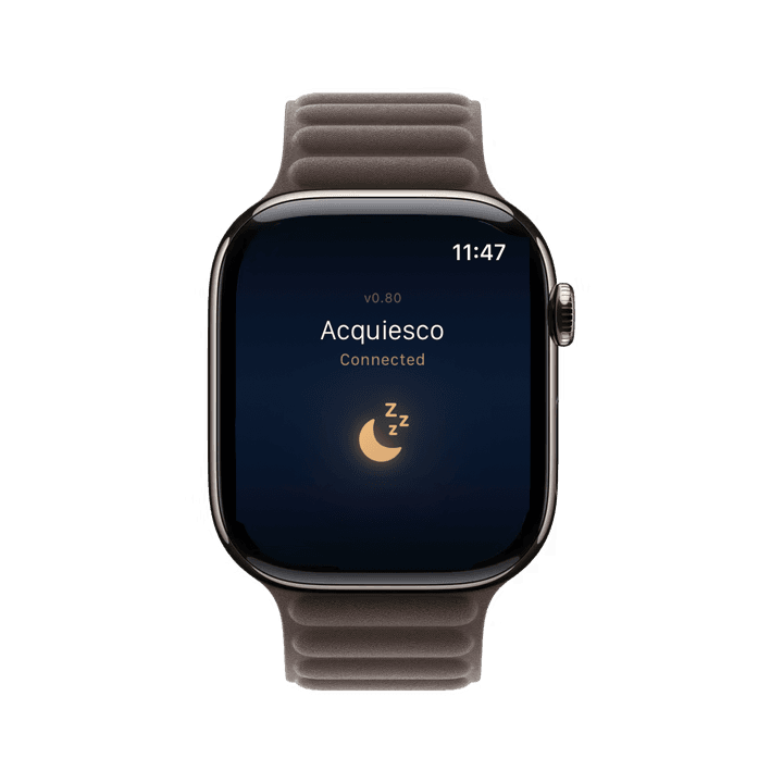 Apple Watch showing the Acquiesco app connected and ready to start a session.