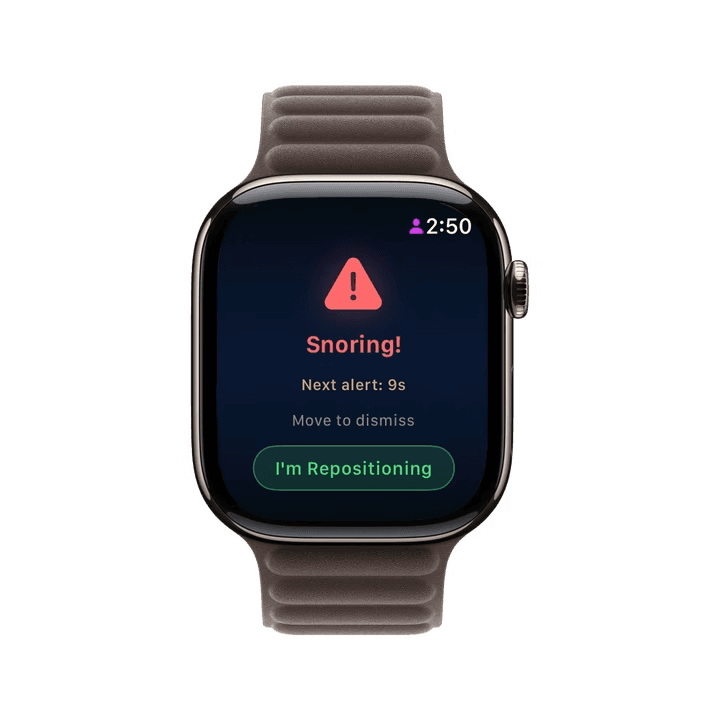 Apple Watch showing a Snoring! alert with an I'm Repositioning button.