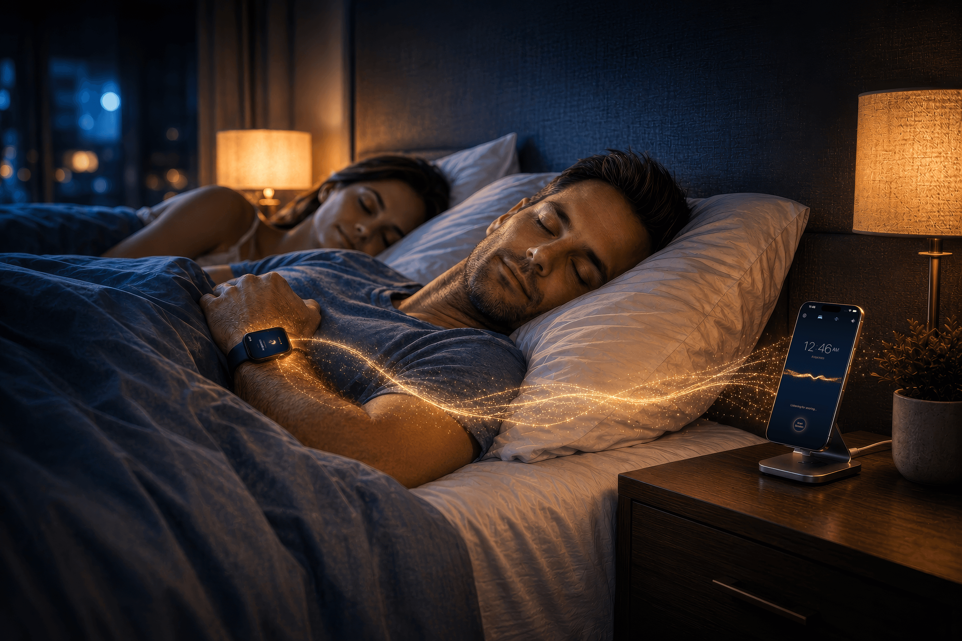 A couple asleep at night while gold Acquiesco particles flow from the snorer's Apple Watch to the iPhone listening on the nightstand.