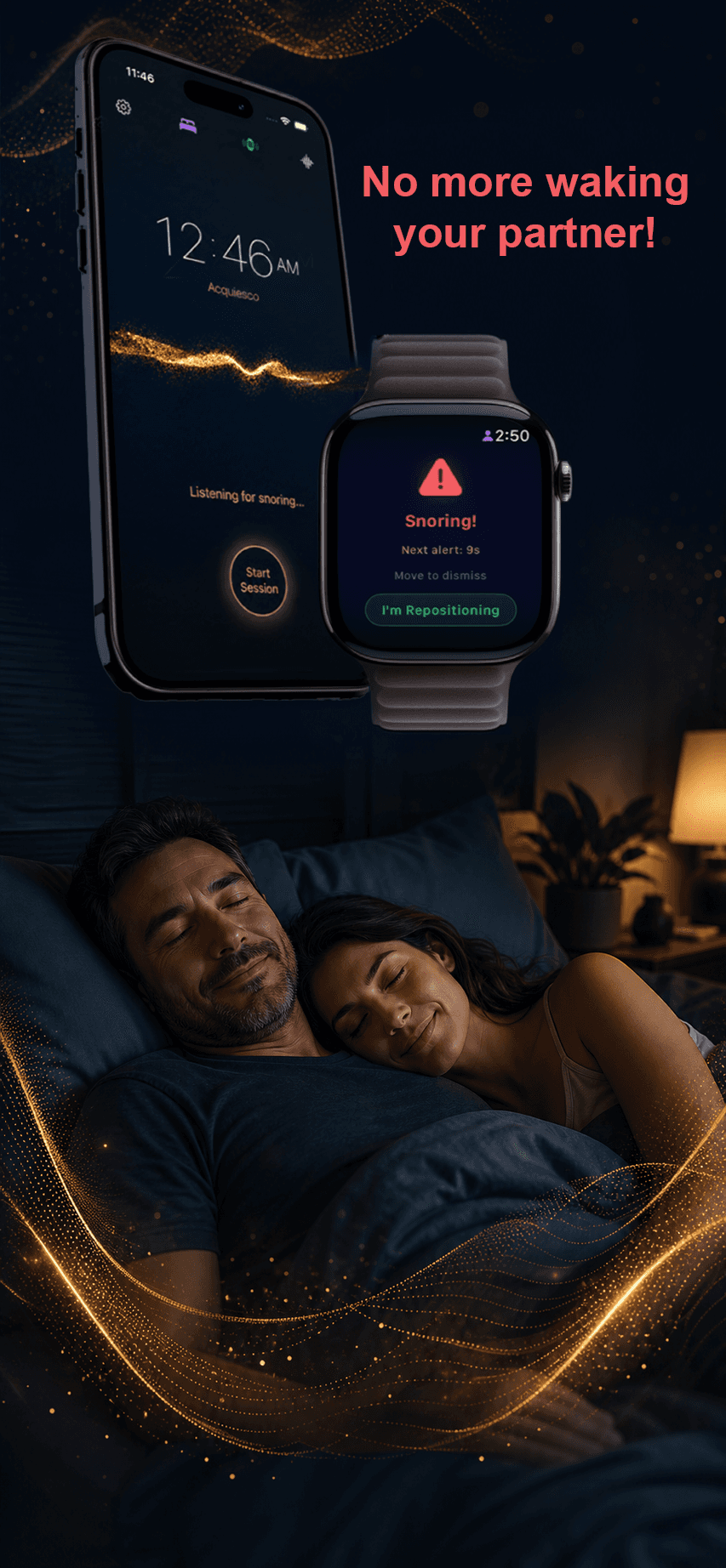 Acquiesco iPhone listening and Apple Watch alert with gold particles flowing toward a sleeping couple.